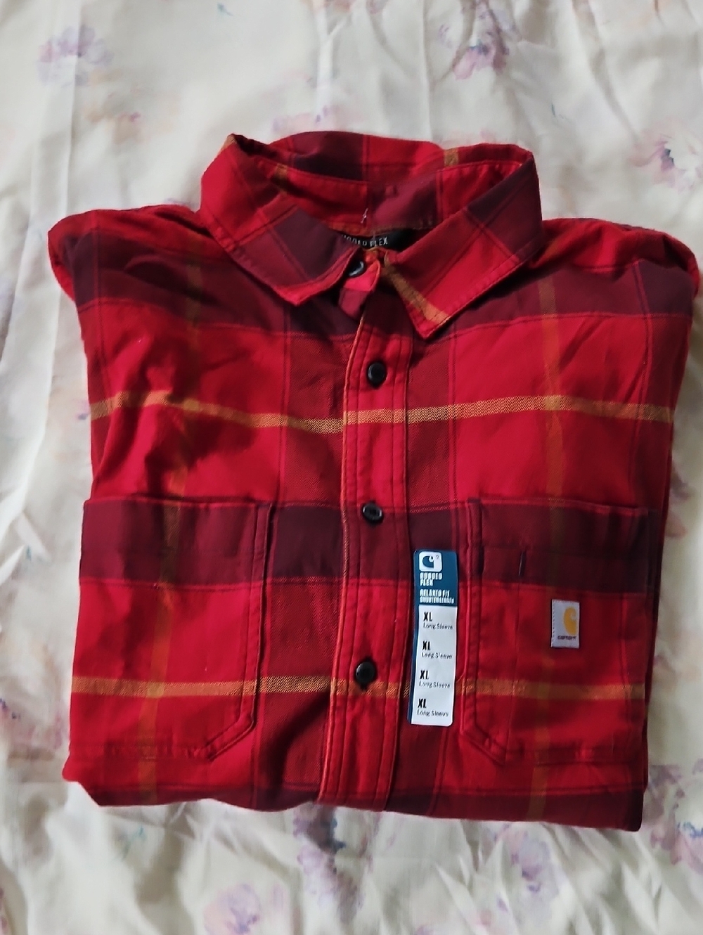 Carhartt Red and Gold Plaid Flannel Button-Up Shirt